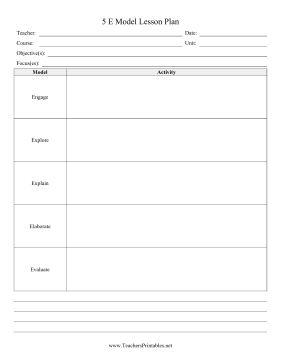 5 E Model Lesson Plan Teachers Printable