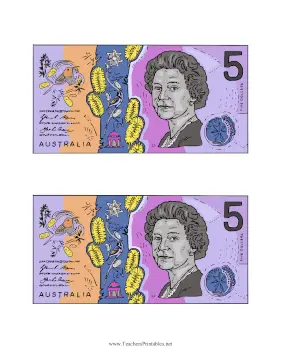 AUD Five Dollar Note Obverse Teachers Printable