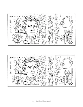 AUD Ten Dollar Note Reverse Black and White Teachers Printable