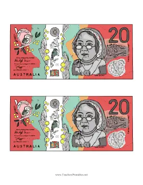 AUD Twenty Dollar Note Obverse Teachers Printable