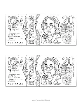 AUD Twenty Dollar Note Obverse Black and White Teachers Printable