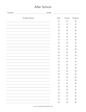 After School Destination Log Teachers Printable