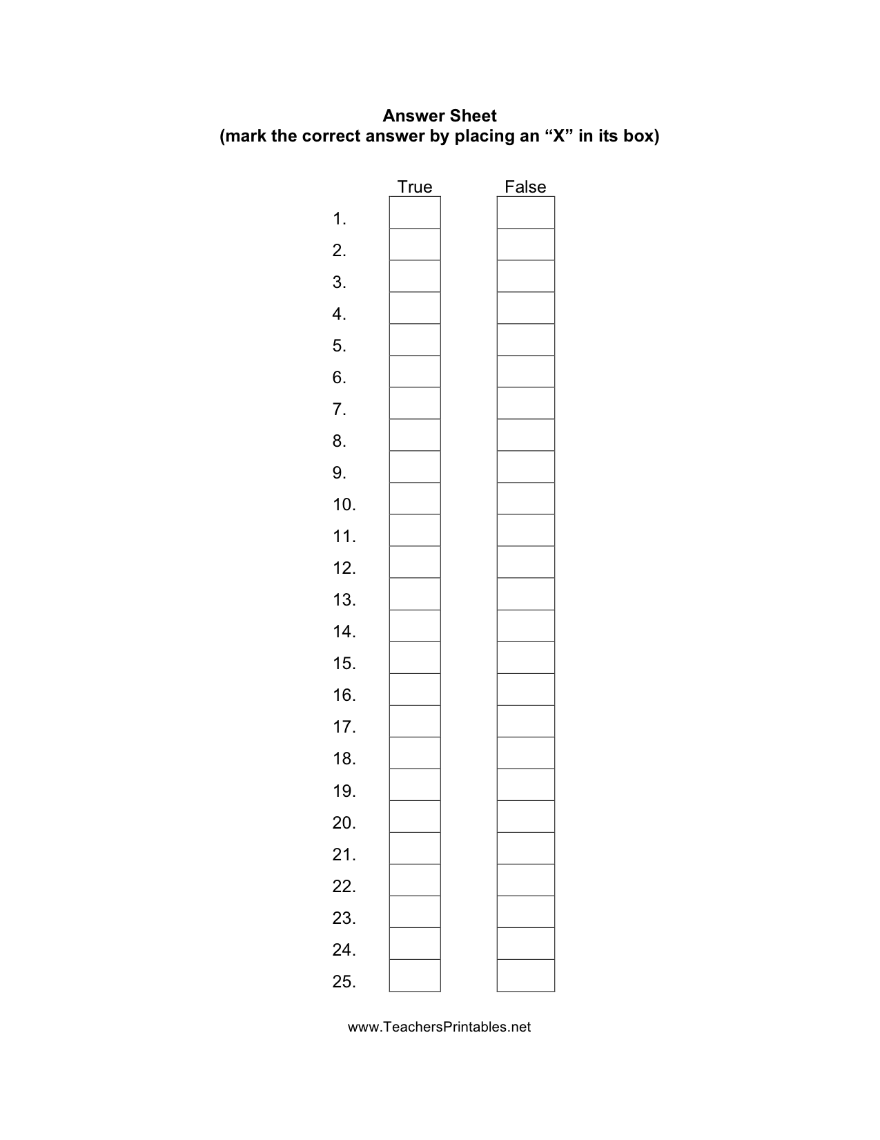 True False Answer Sheet