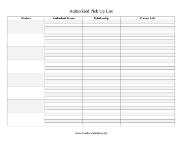 Authorized Pick Up List Teachers Printable