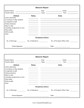 Behavior Report Teachers Printable