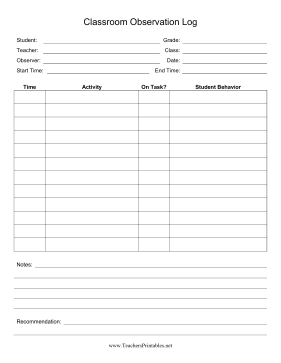 Classroom Observation Log Teachers Printable