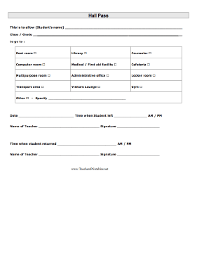 Detailed Hall Pass Teachers Printable