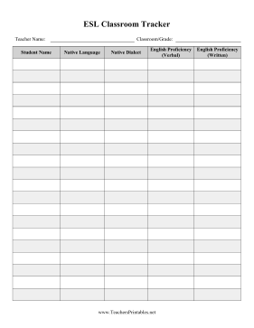 ESL Classroom Tracker Teachers Printable