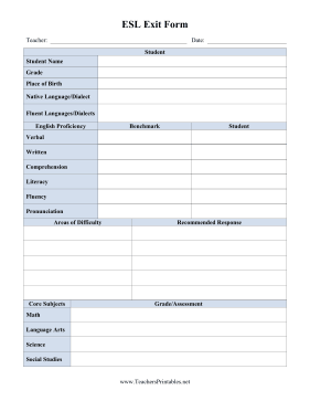 ESL Exit Form Teachers Printable