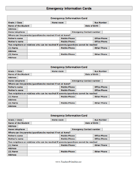 Emergency Information Card Teachers Printable