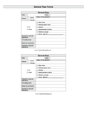 General Pass Teachers Printable