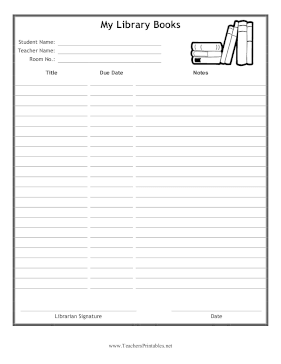 Illustrated Library Book Tracker Teachers Printable