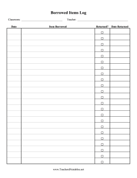 Items Borrowed Log Teachers Printable