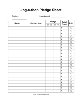 Jog A Thon Pledge Sheet Teachers Printable