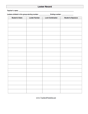 Locker Record Teachers Printable