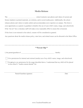 Media Release School Permission Slip Teachers Printable