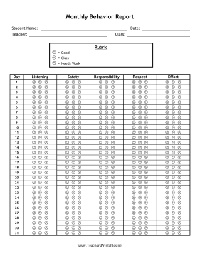 Monthly Behavior Report Teachers Printable