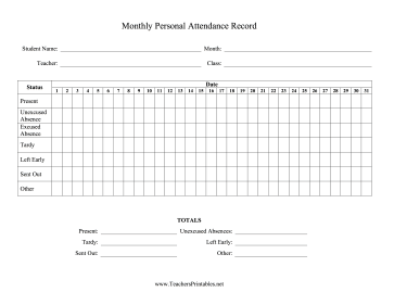 Monthly Personal Attendance Record One Class