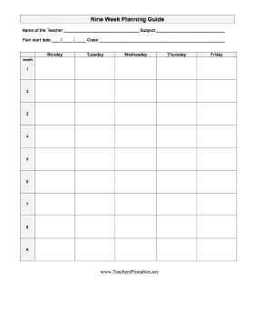 Nine Week Lesson Plan Teachers Printable