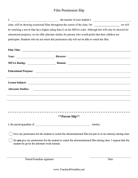 Permission for Movies Teachers Printable