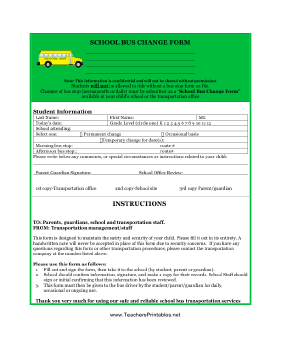 School Bus Change Form Teachers Printable