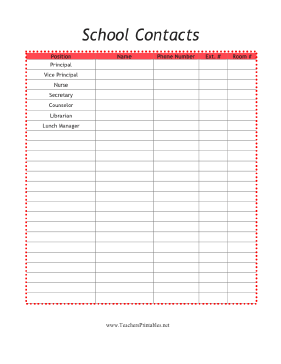 School Contacts Teachers Printable