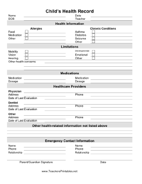 School Health Form Teachers Printable