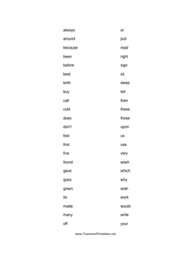 Second Grade Dolch Words Teachers Printable