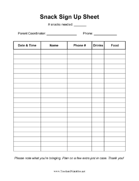 Snack Sign Up Sheet Teachers Printable