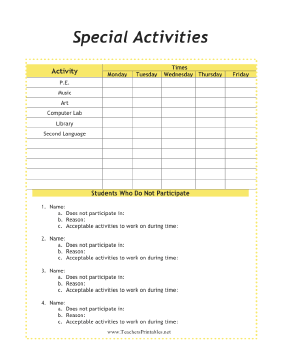 Special Activities Teachers Printable