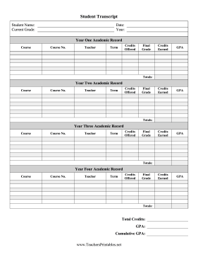 Student Transcript Teachers Printable