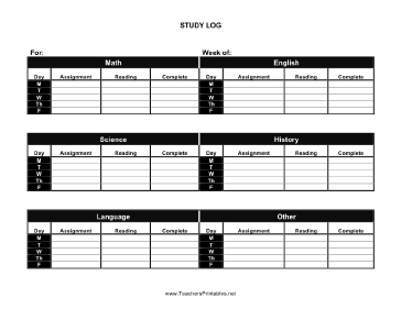 Study Log (landscape) Teachers Printable