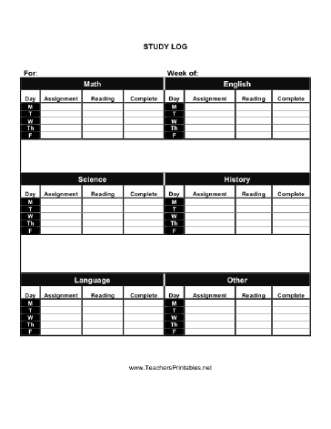 Study Log Teachers Printable