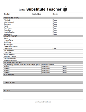 Substitute Teacher Guide Teachers Printable