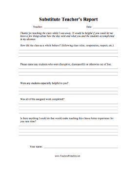 Substitute Teachers Report Teachers Printable