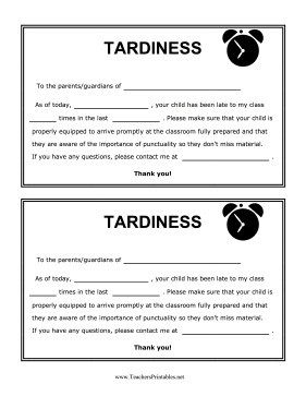 Tardiness Reminder Teachers Printable