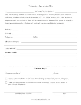 Technology Use Permission Slip Teachers Printable