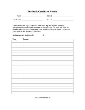 Textbook Condition Record Teachers Printable