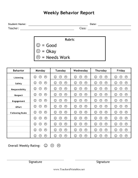 Weekly Behavior Report Teachers Printable