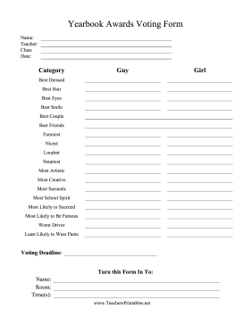 Yearbook Voting Form Teachers Printable